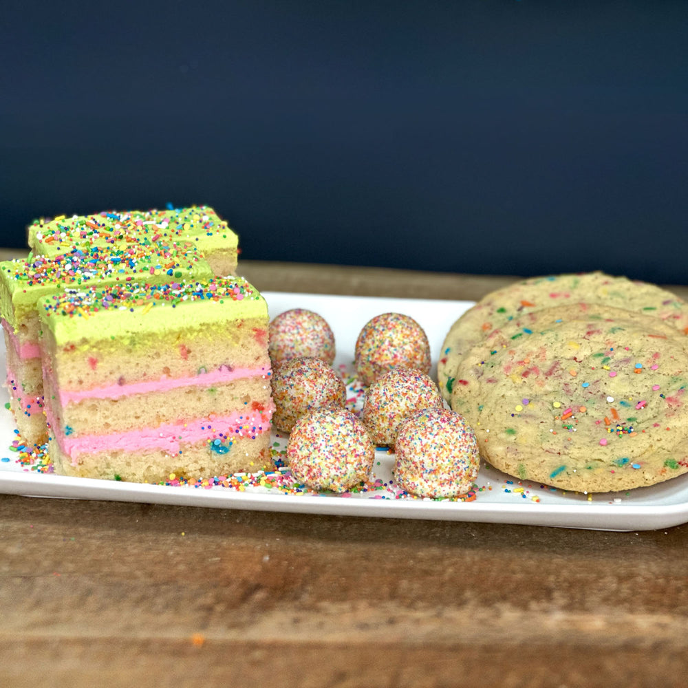 Sarah's Cake Shop Confetti Assortment, 3 slices confetti cake, 6 traditional Glitter Bites® 3 confetti cookies